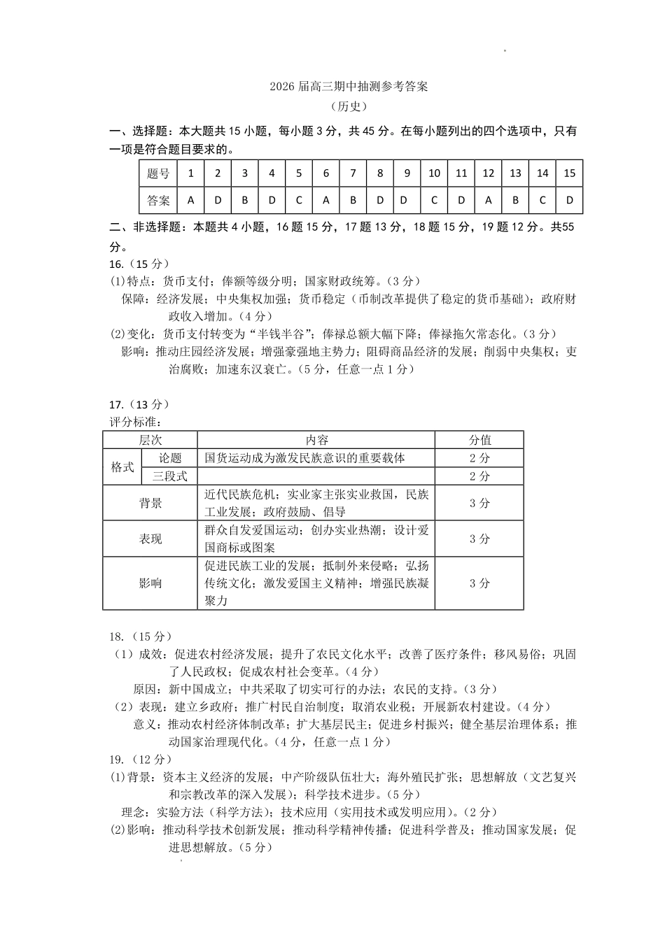 徐州市2025~2026学年度第一学期高三年级期中抽测历史答案.pdf_第1页