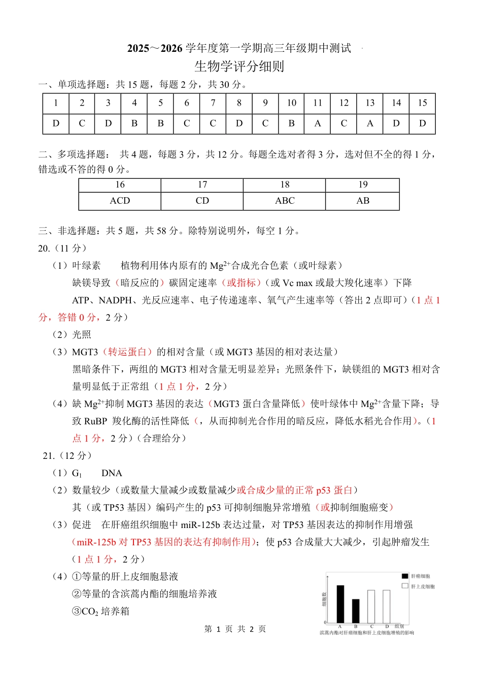 徐州市2025~2026学年度第一学期高三年级期中抽测生物答案.pdf_第1页