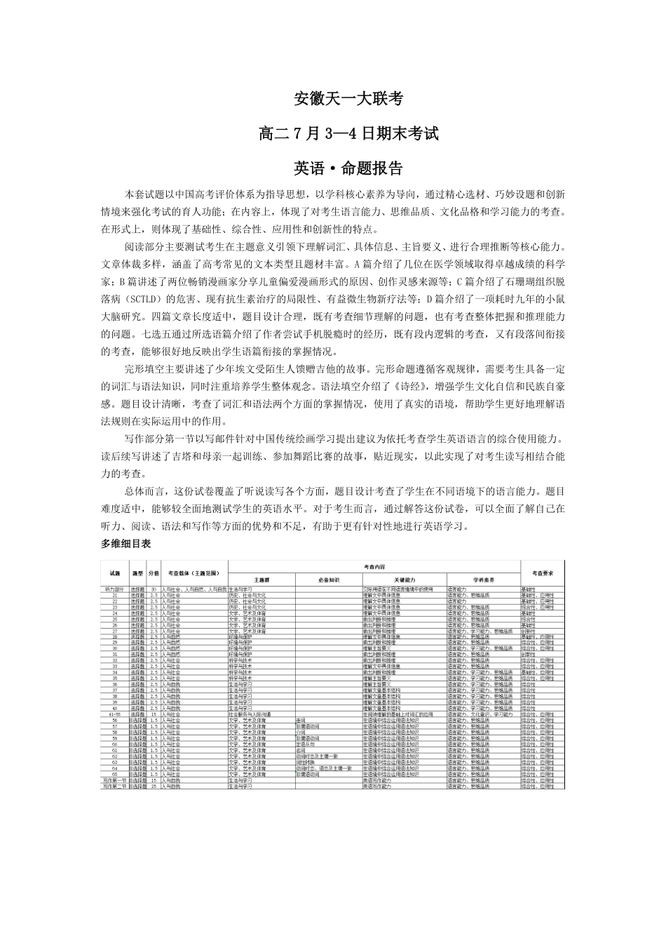 英语-安徽高二7月3-4日期末考试命题报告.pdf_第1页