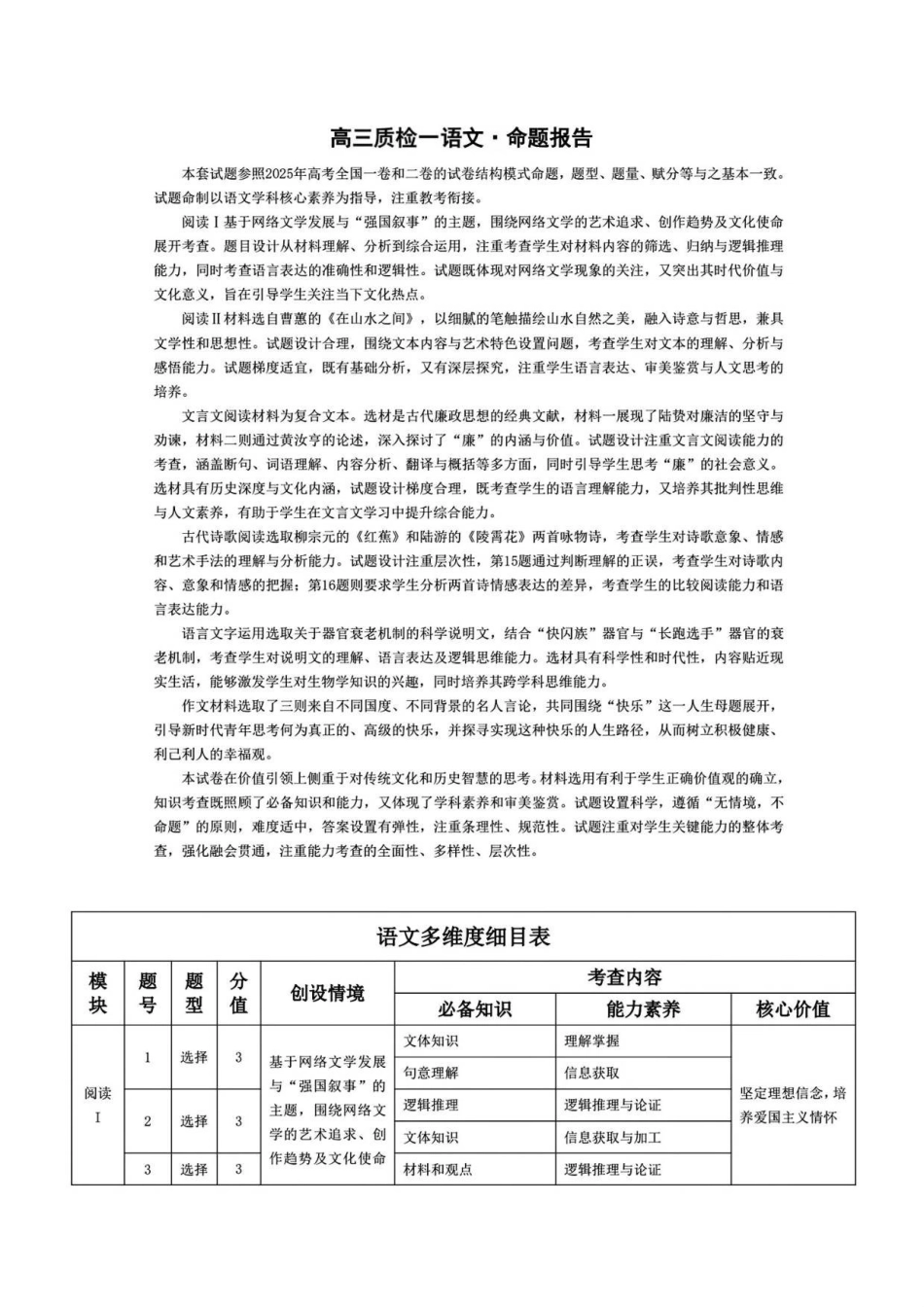 语文试卷命题报告天一大联考2025-2026学年(上)高三质检(一).pdf_第1页