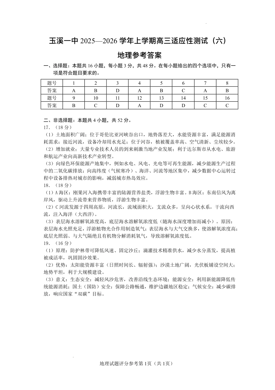 玉溪一中2025—2026学年上学期高三适应性测试(六)地理答案.pdf_第1页