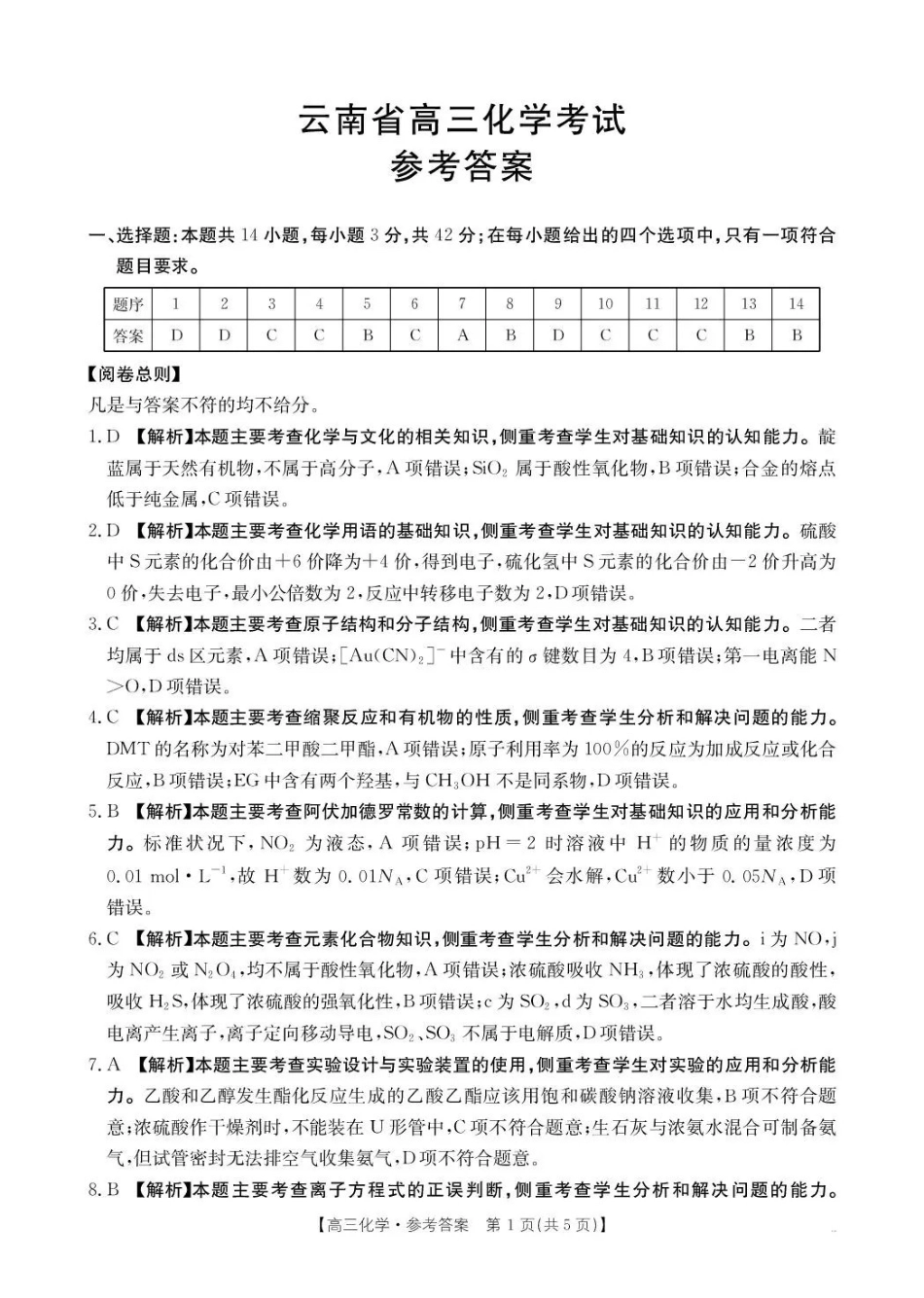 云南省百校联考2026届高三0月联考(26-56C)化学答案.pdf_第1页