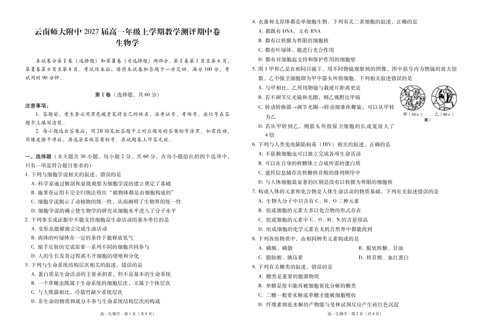 云南师范大学附属中学2024-2025学年高一上学期期中考试生物含解析(可编辑).pdf_第1页