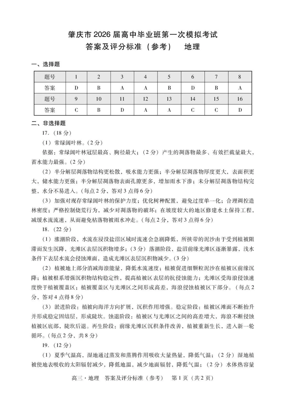 肇庆市2026届高中毕业班第一次模拟考试地理答案.pdf_第1页
