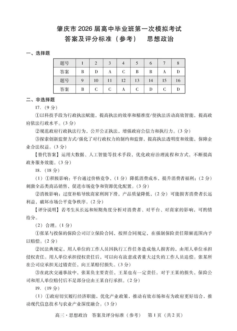 肇庆市2026届高中毕业班第一次模拟考试政治答案.pdf_第1页