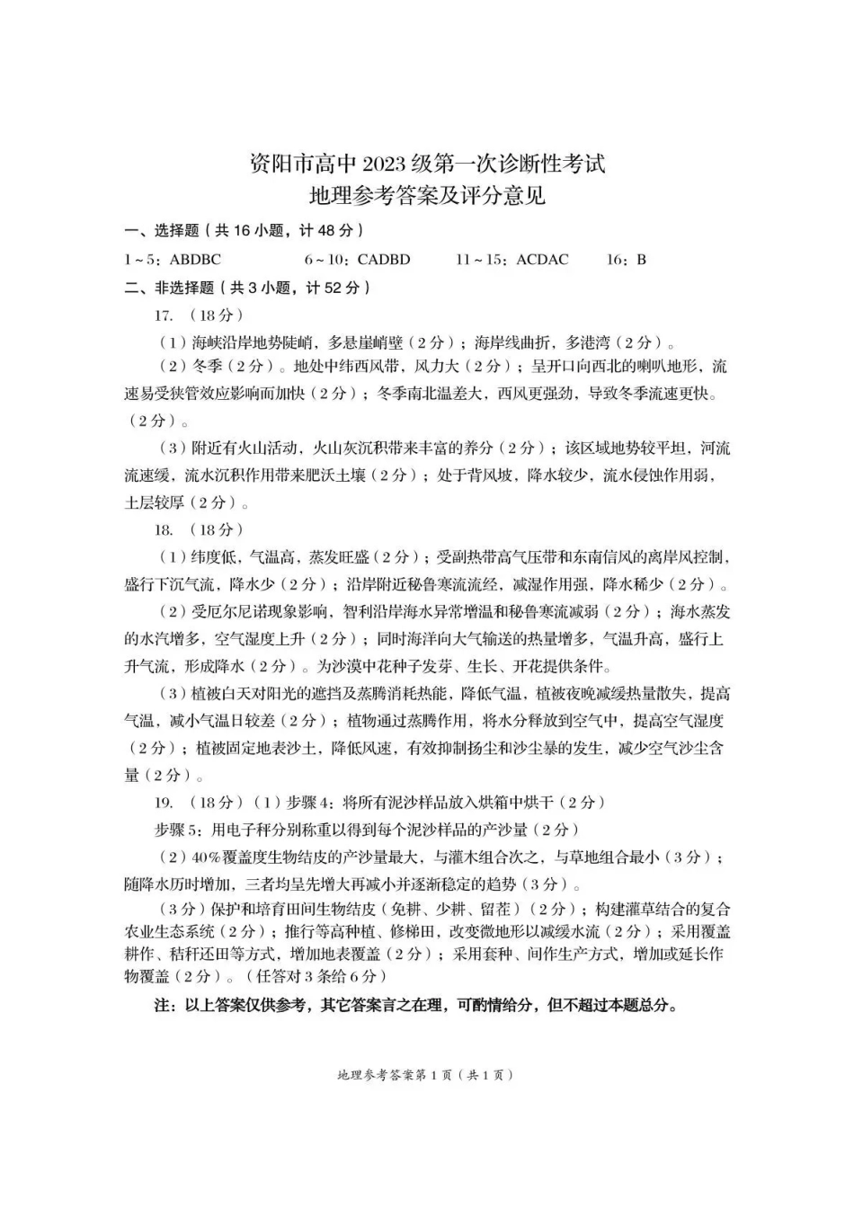 资阳市高中2023级第一次诊断性考试地理答案.pdf_第1页