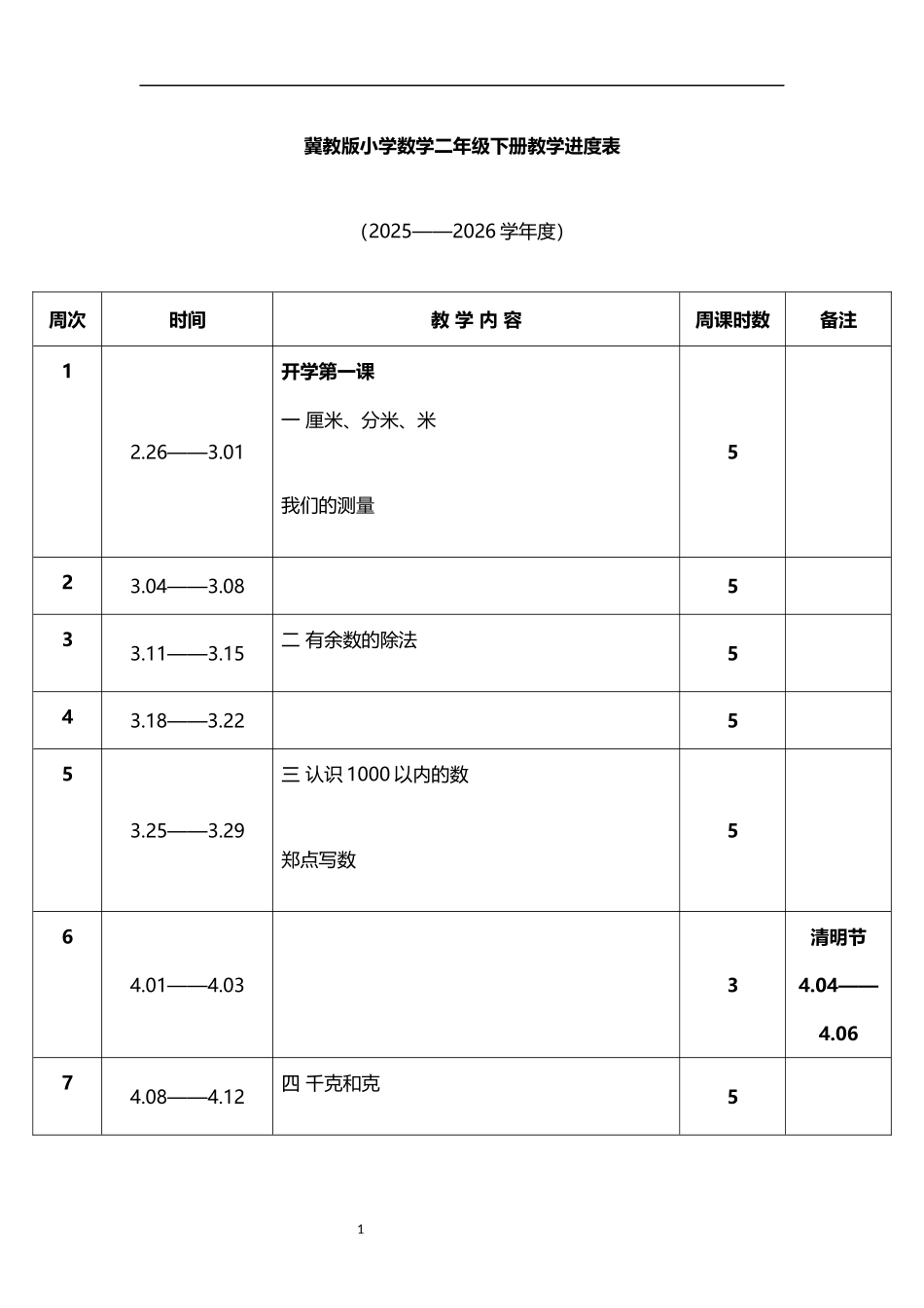2026年春学期冀教版小学数学二年级下册教学进度表.docx_第1页