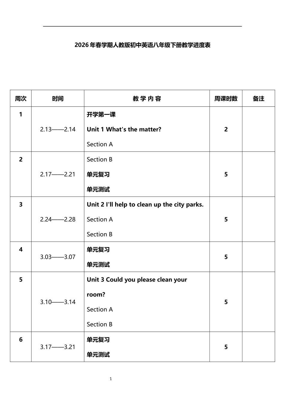 2026年春学期人教版初中英语八年级下册教学进度表.docx_第1页