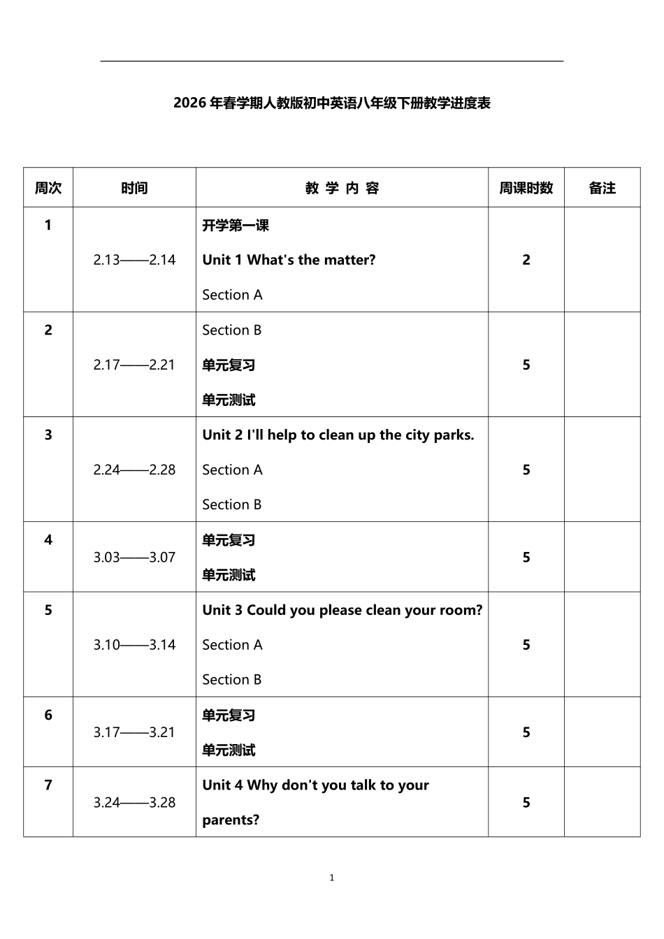 2026年春学期人教版初中英语八年级下册教学进度表.pdf_第1页