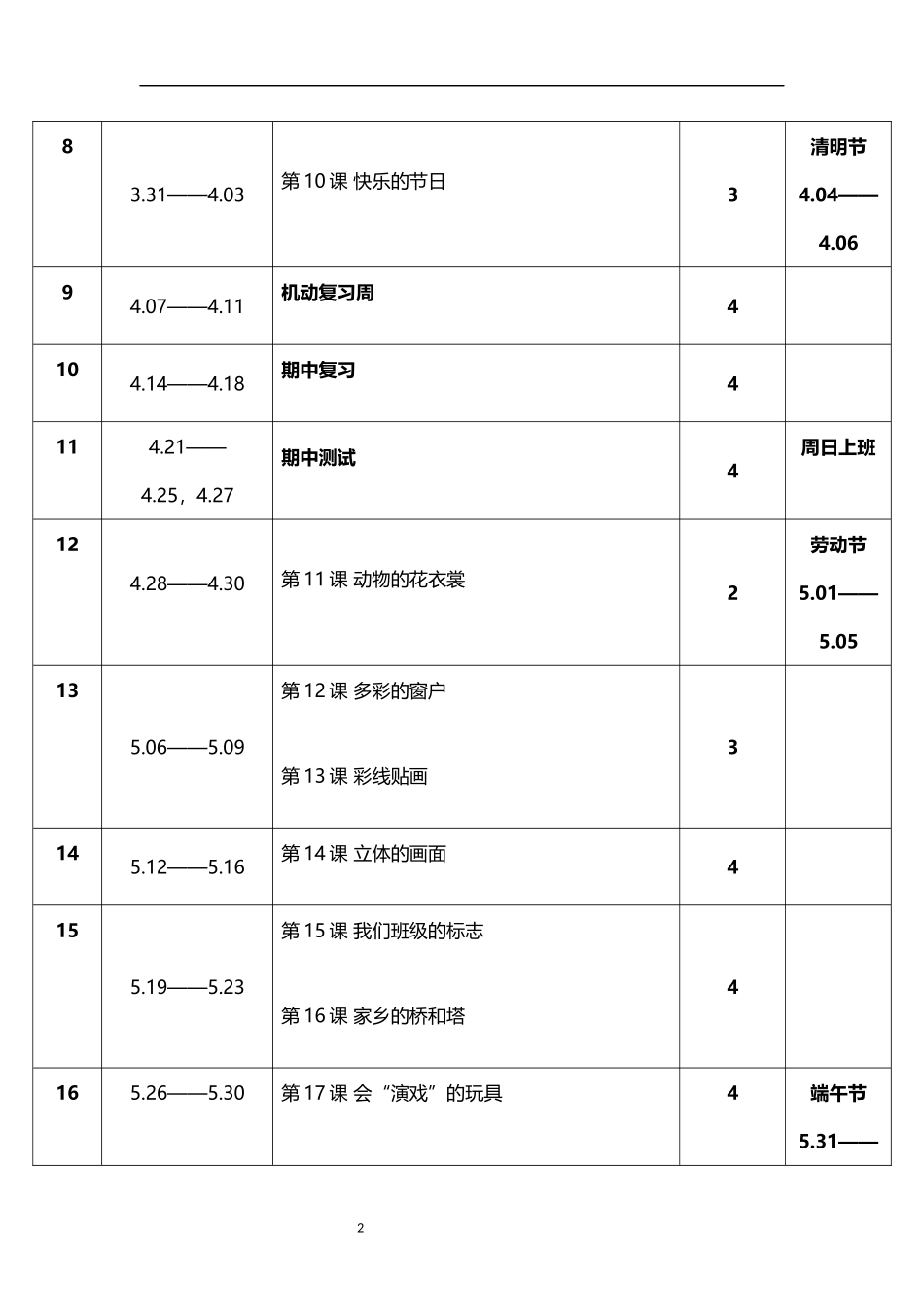 2026年春学期人教版小学美术三年级下册教学进度表.docx_第2页
