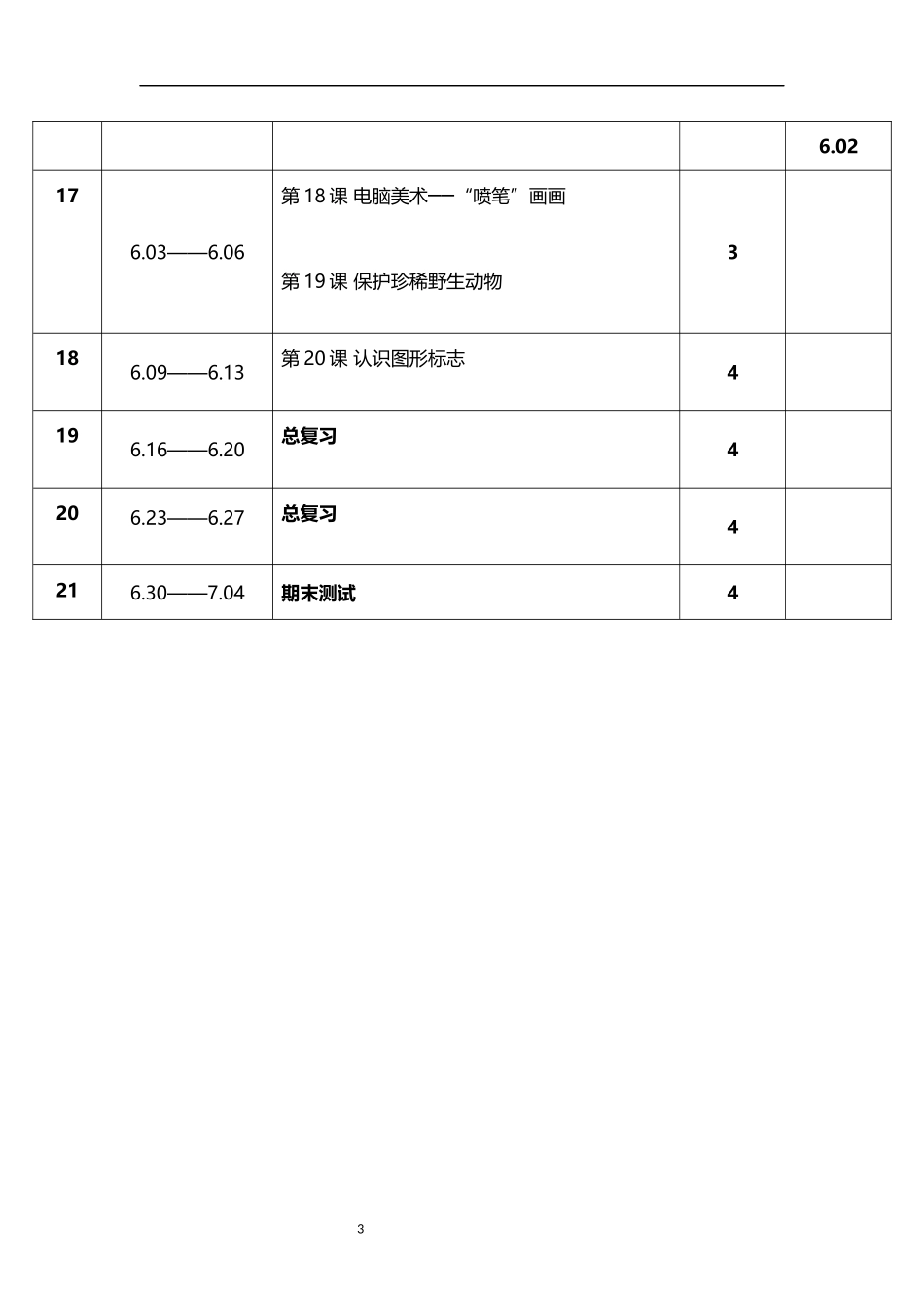 2026年春学期人教版小学美术三年级下册教学进度表.docx_第3页