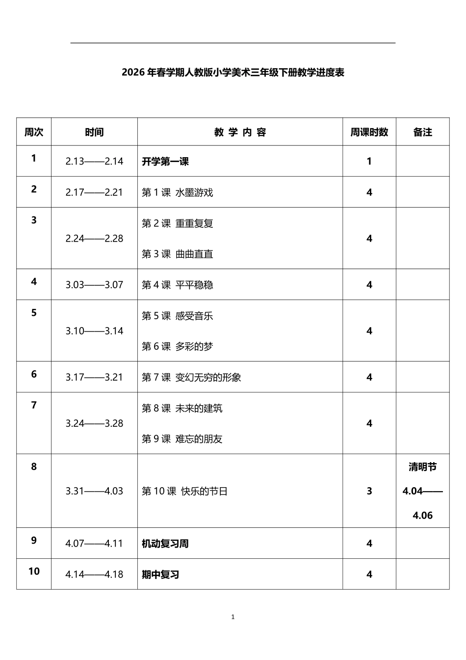 2026年春学期人教版小学美术三年级下册教学进度表.pdf_第1页