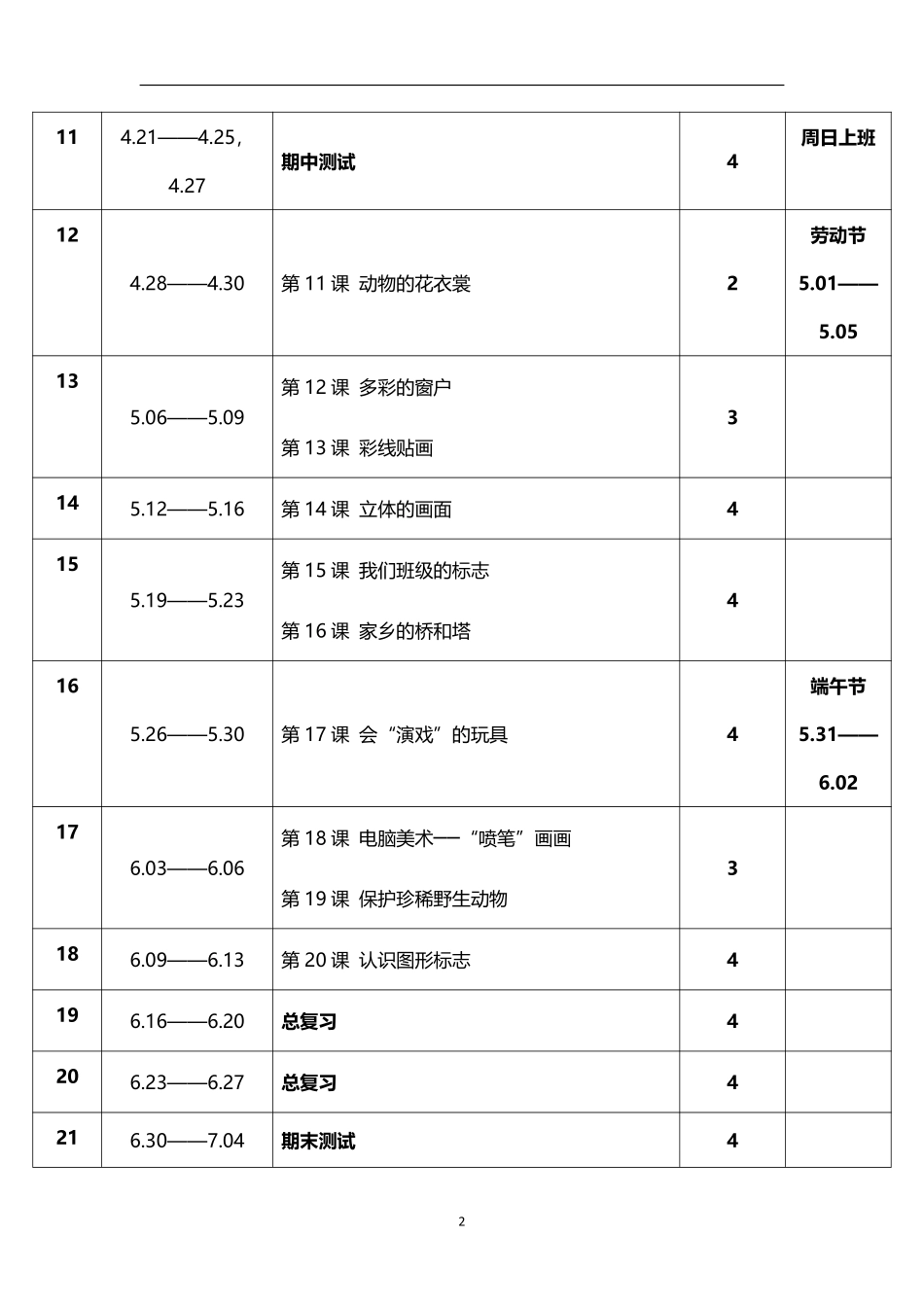 2026年春学期人教版小学美术三年级下册教学进度表.pdf_第2页