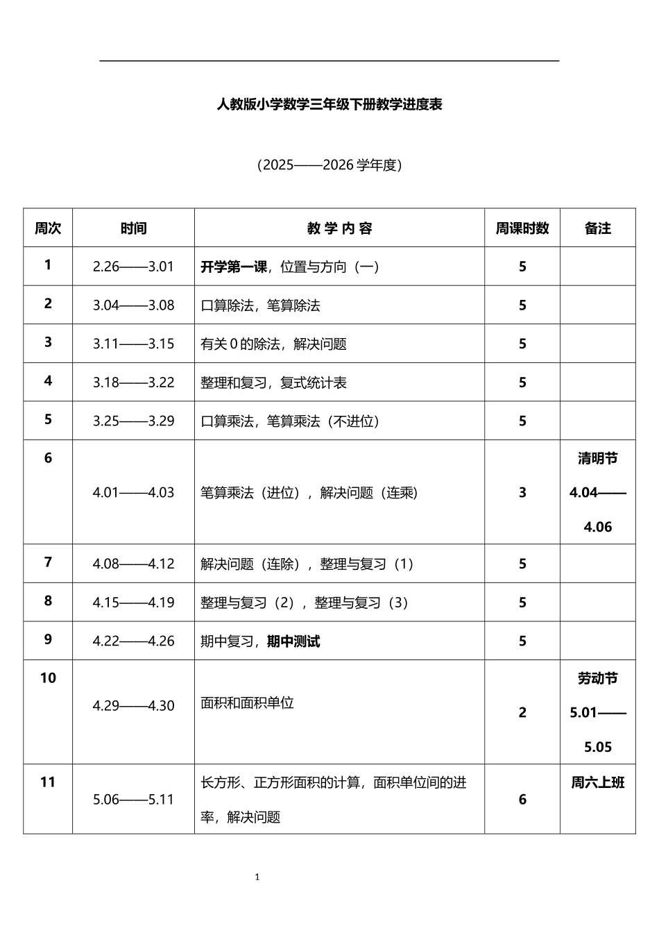 2026年春学期人教版小学数学三年级下册教学进度表.docx_第1页