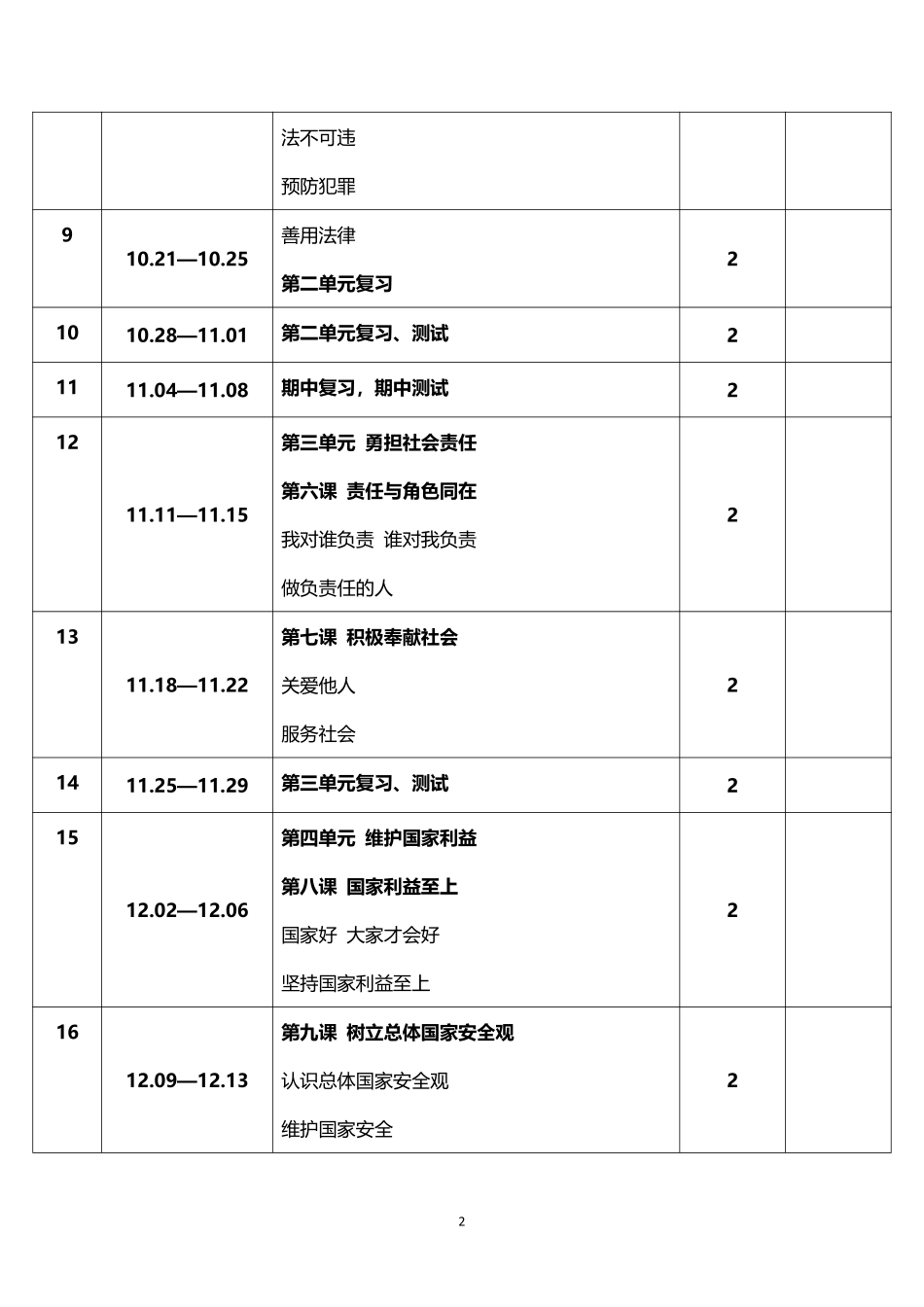 2026年秋学期人教版初中道德与法治八年级上册教学进度表.pdf_第2页