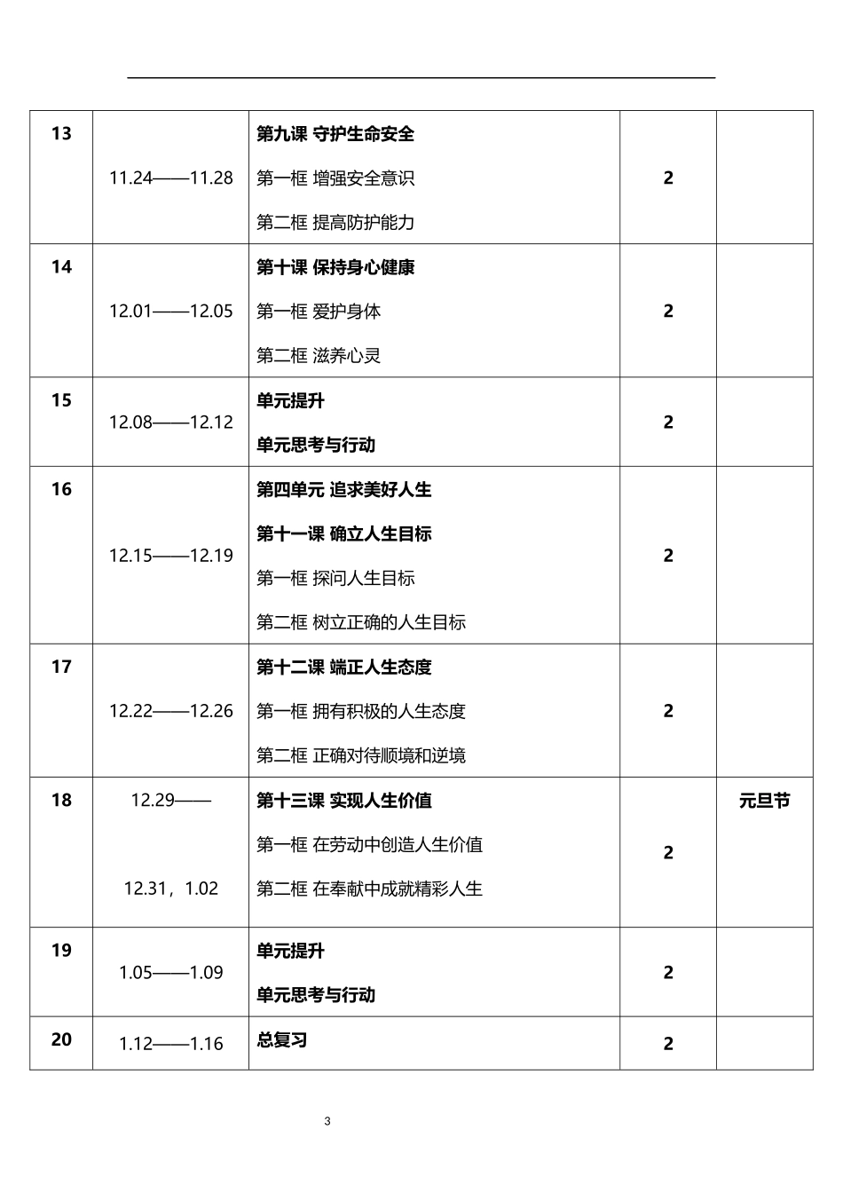 2026年秋学期人教版初中道德与法治七年级上册教学进度表.docx_第3页