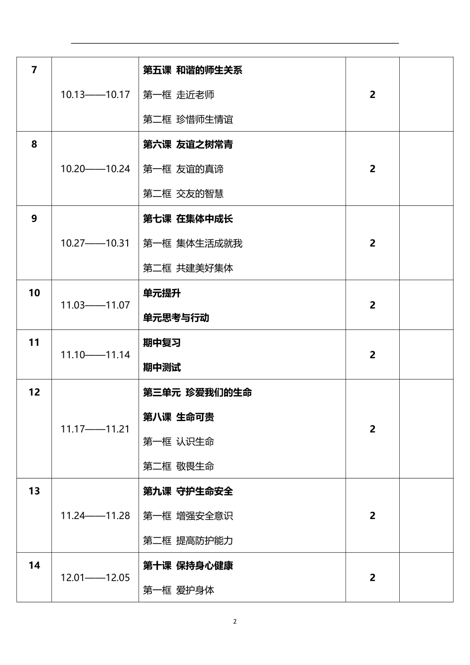 2026年秋学期人教版初中道德与法治七年级上册教学进度表.pdf_第2页