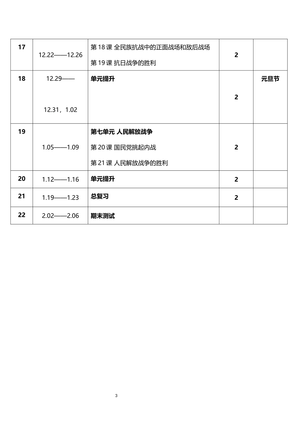 2026年秋学期人教版初中历史八年级上册教学进度表.docx_第3页
