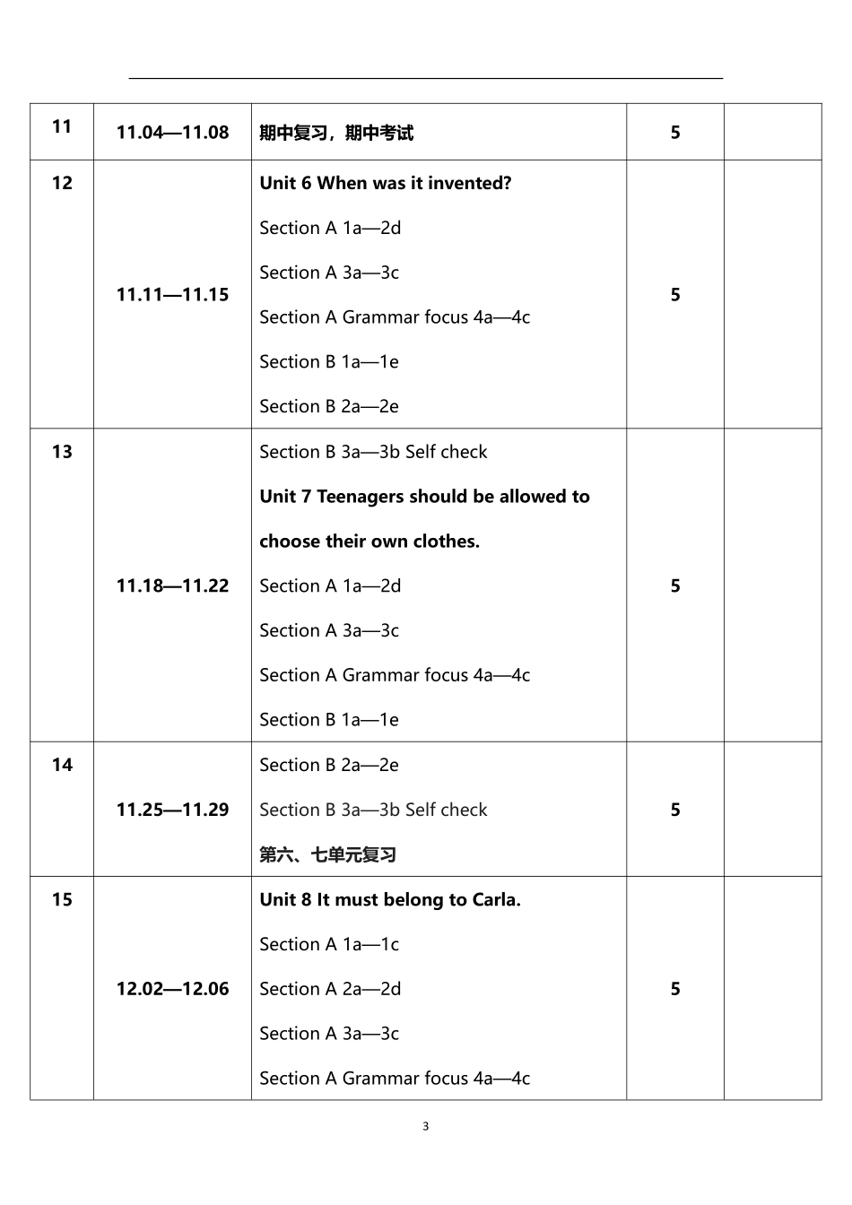 2026年秋学期人教版初中英语九年级上册教学进度表.pdf_第3页