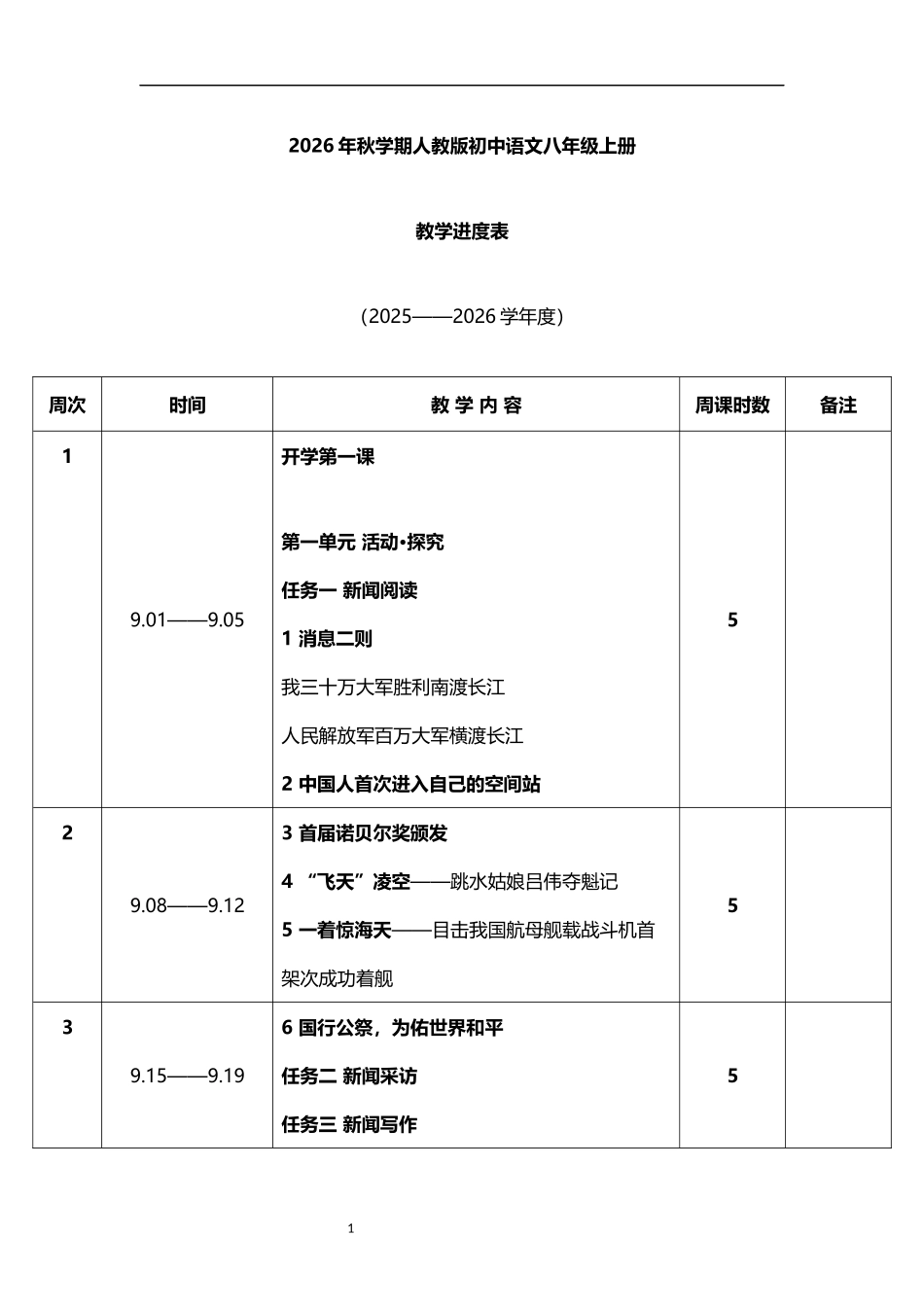 2026年秋学期人教版初中语文八年级上册教学进度表.docx_第1页
