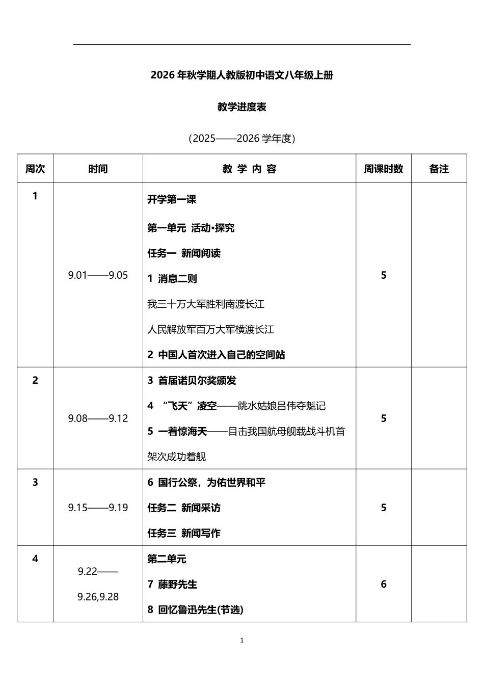 2026年秋学期人教版初中语文八年级上册教学进度表.pdf_第1页