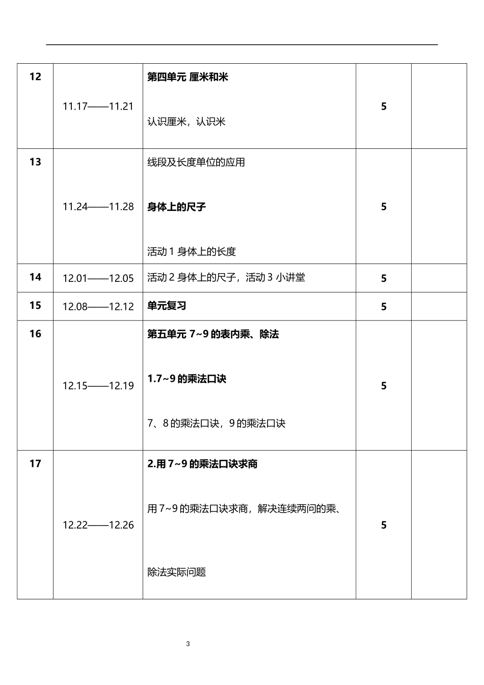 2026年秋学期人教版小学数学二年级上册教学进度表.docx_第3页