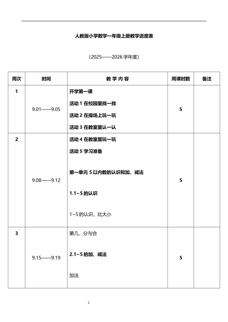 2026年秋学期人教版小学数学一年级上册教学进度表.docx_第1页