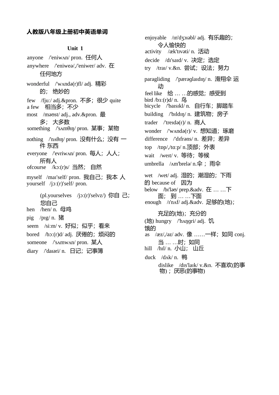 2025版人教版八年级上册英语单词表(含音标完整版).docx_第1页