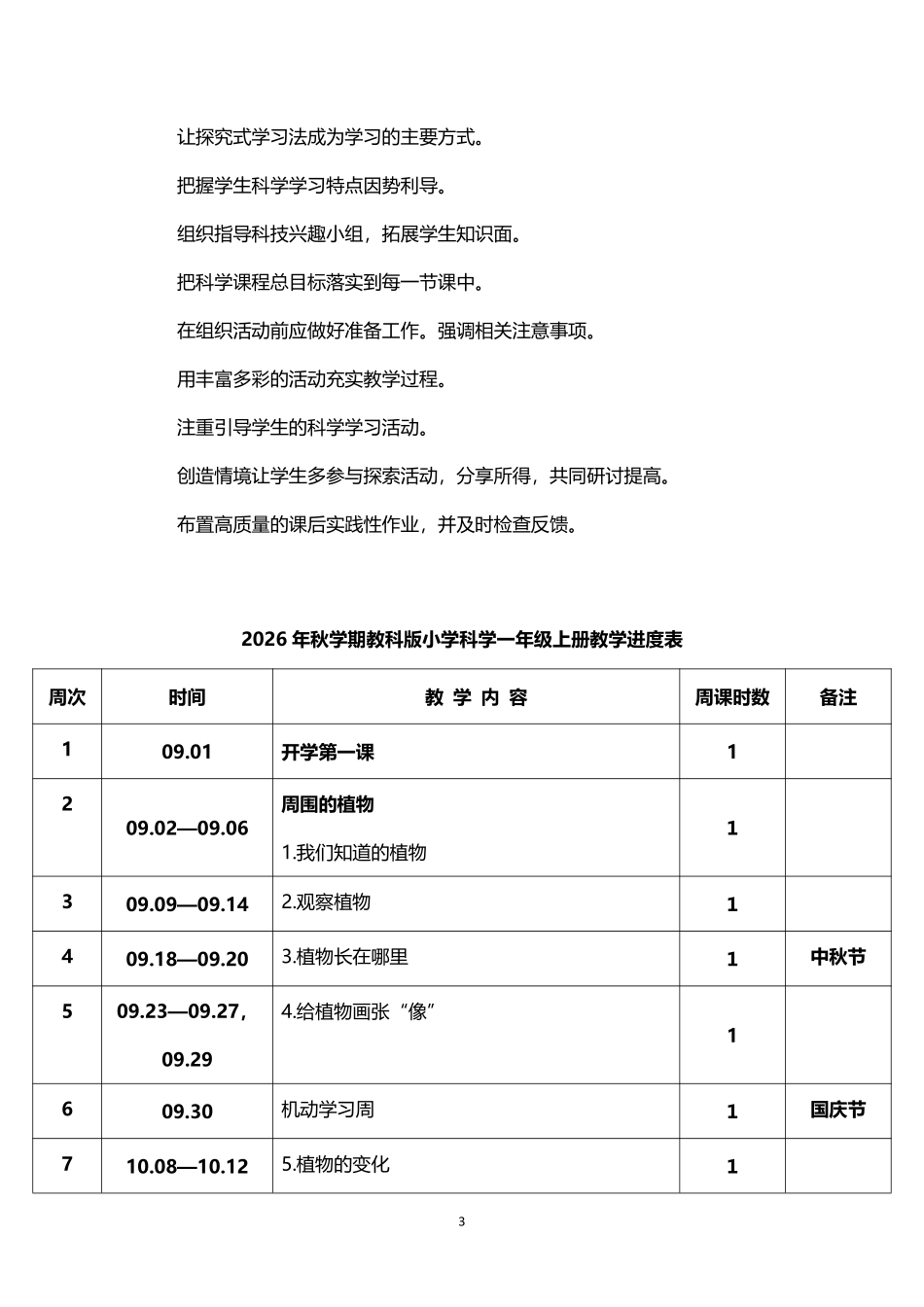 2026年秋学期教科版小学科学一年级上册教学计划教学进度表.pdf_第3页