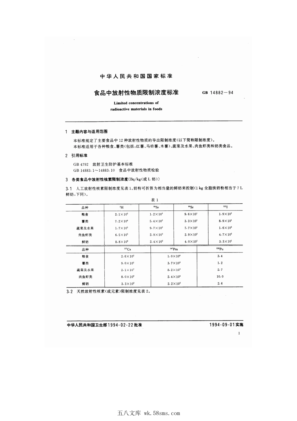 GB 14882-1994 食品中放射性物质限制浓度标准.pdf_第1页