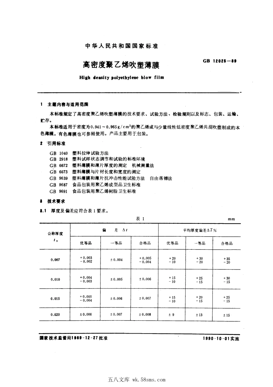 GBT 12025-1989 高密度聚乙烯吹塑薄膜.pdf_第1页