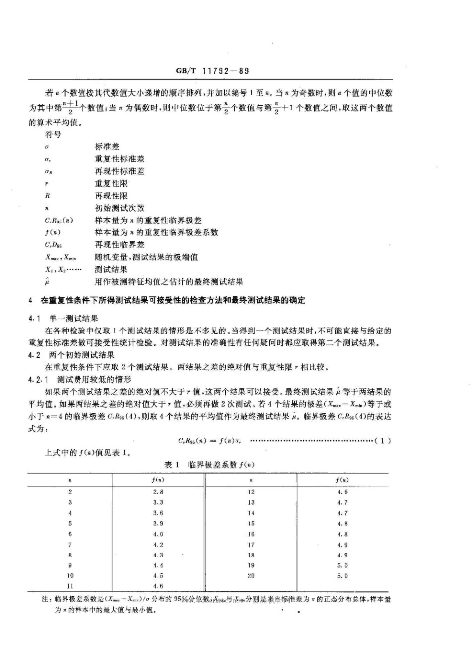 GBT 11792-1989 测试方法的精密度 在重复性或再现性条件下所得测试结果可接受性的检查和最终测试结果的测定.pdf_第2页