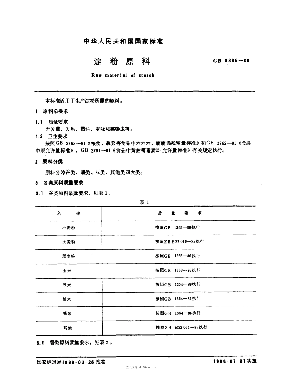 GBT 8886-1988 淀粉原料.pdf_第1页