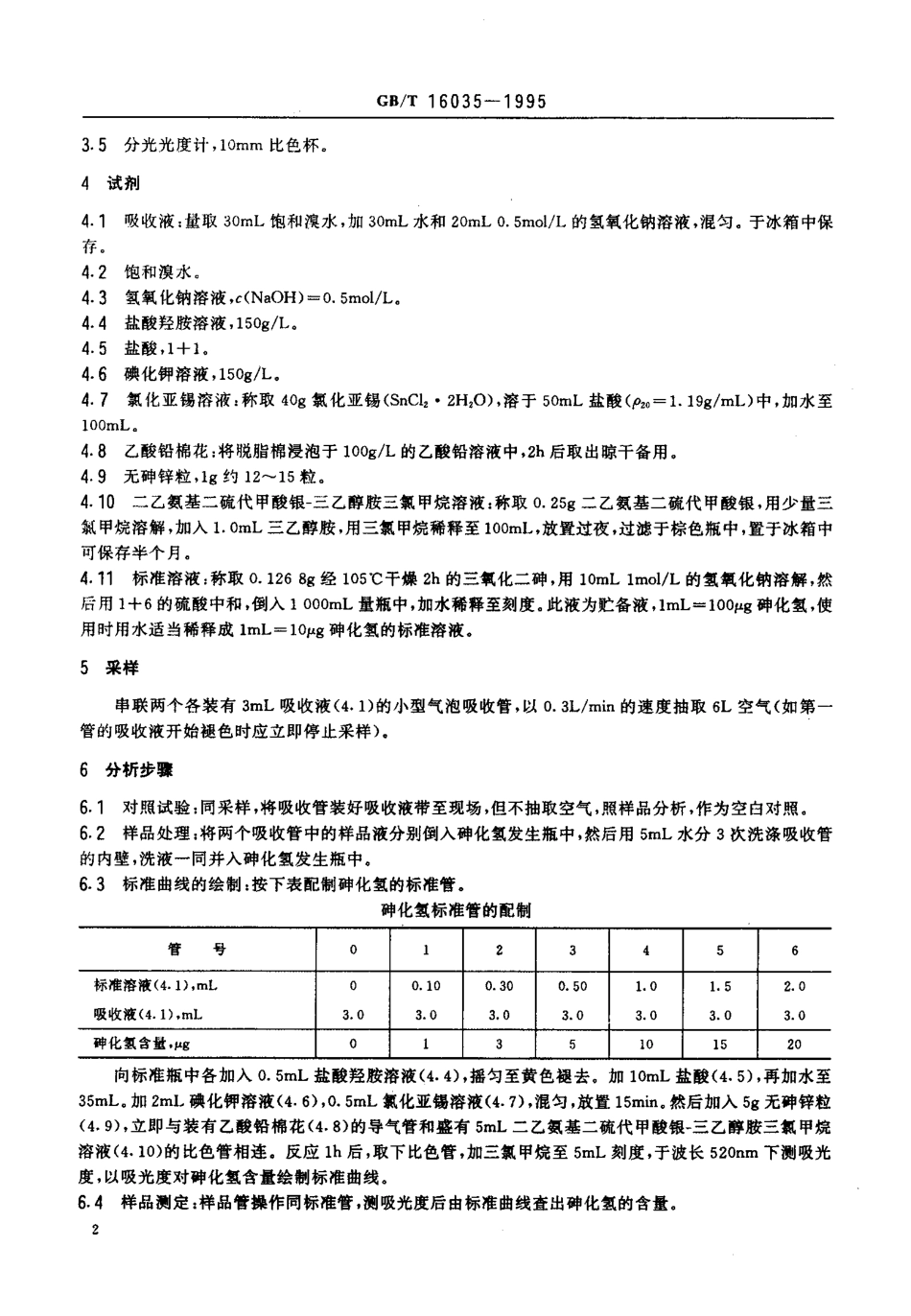 GBT 16035-1995 车间空气中砷化氢的二乙氨基二硫代甲酸银分光光度测定方法.pdf_第3页