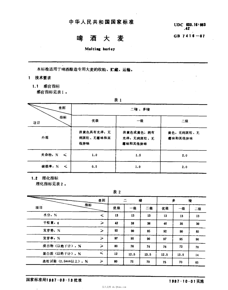 GBT 7416-1987 啤酒大麦.pdf_第1页