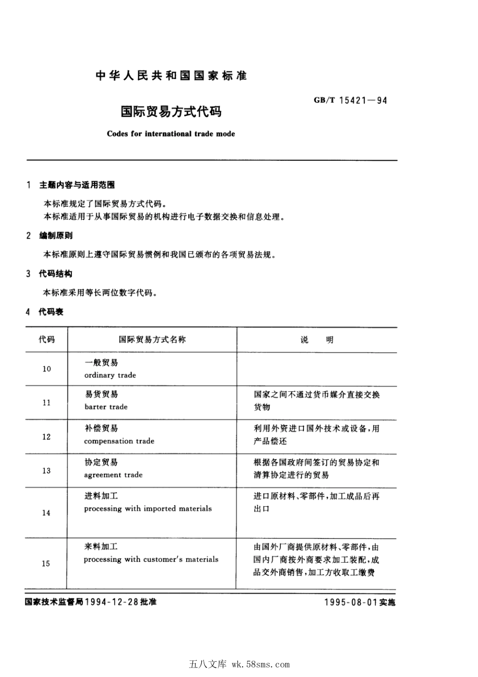 GBT 15421-1994 国际贸易方式代码.pdf_第1页