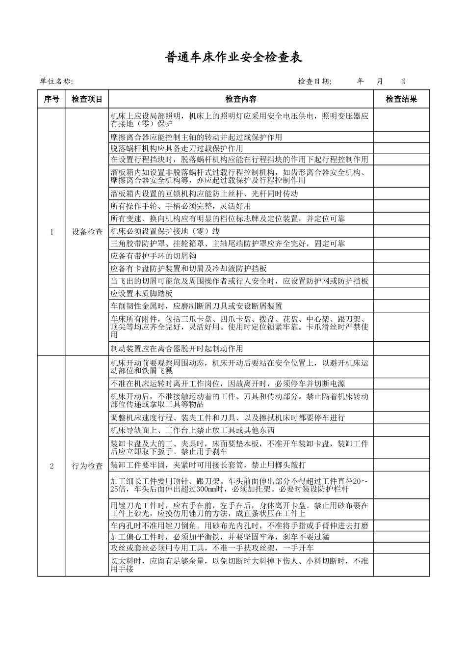 1普通车床作业安全检查表.xls_第1页