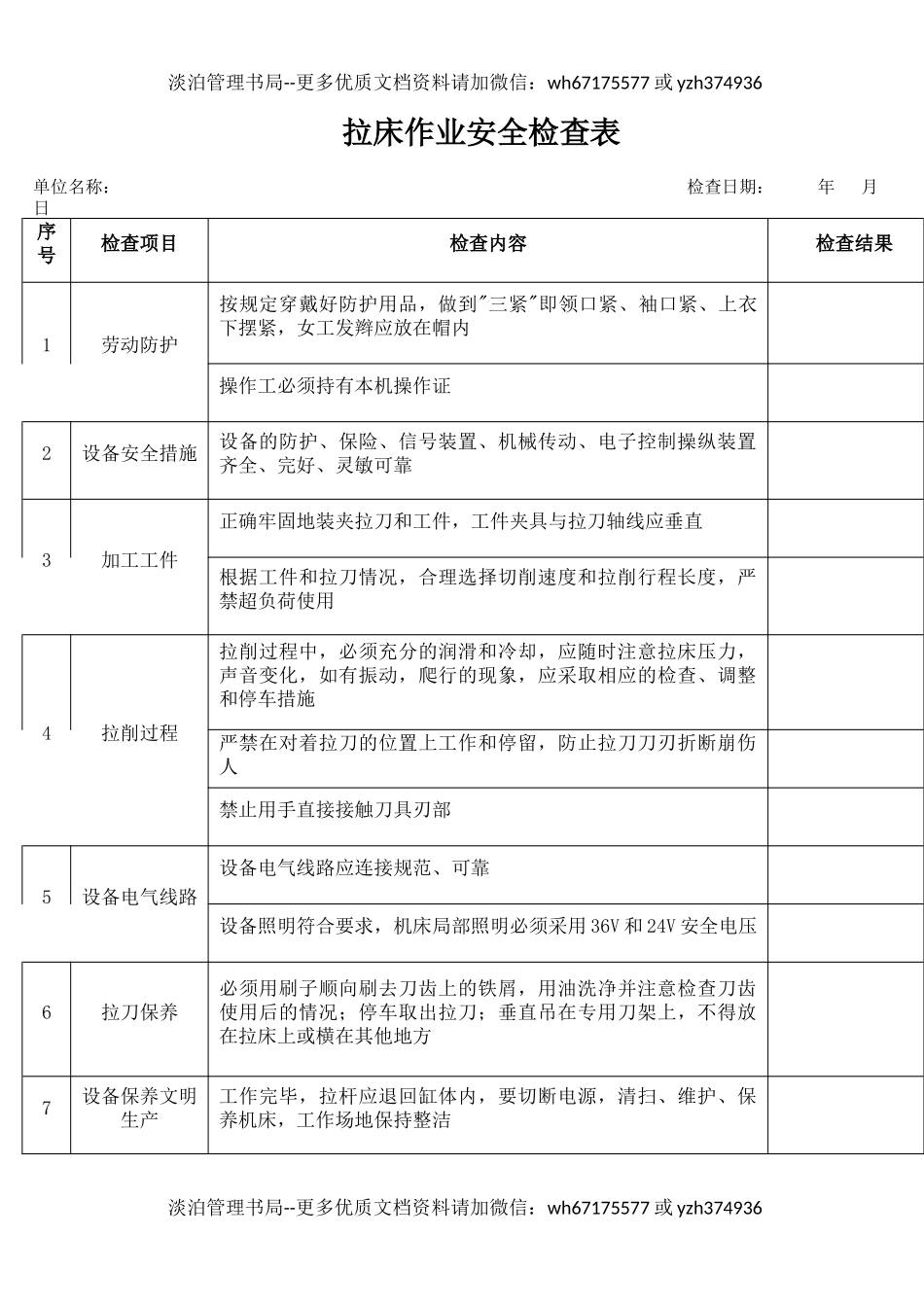 10拉床作业安全检查表.docx_第1页
