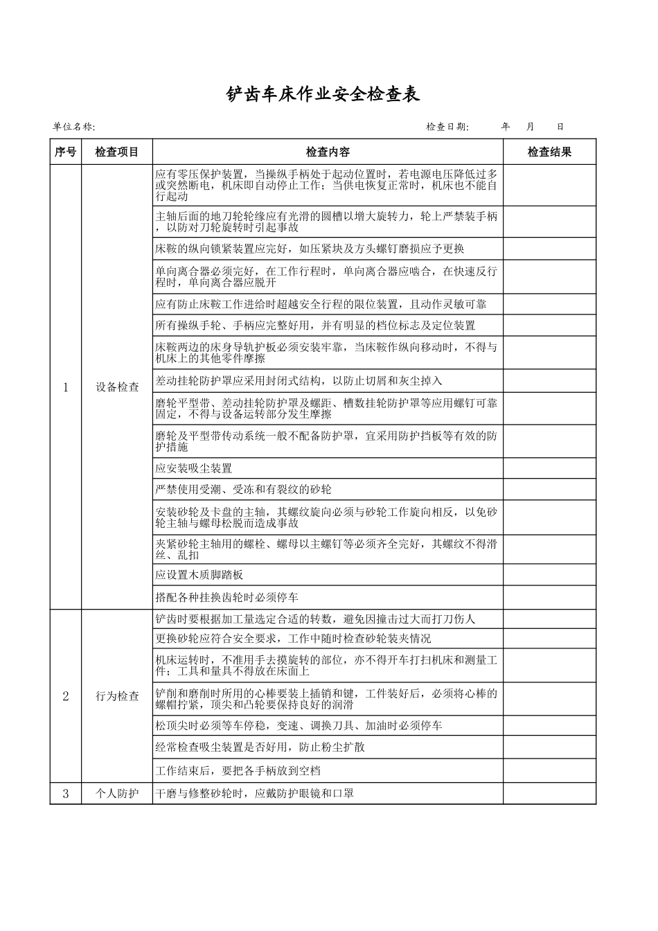 12铲齿车床作业安全检查表.xls_第1页