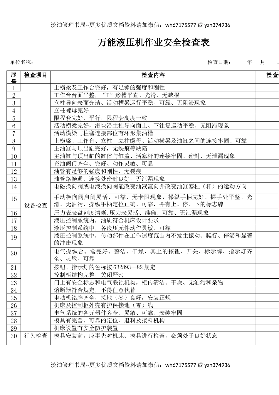 13万能液压机作业安全检查表.docx_第1页