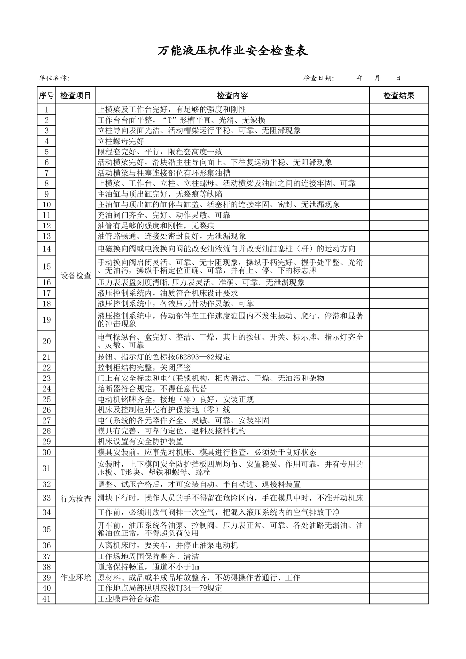 13万能液压机作业安全检查表.xls_第1页