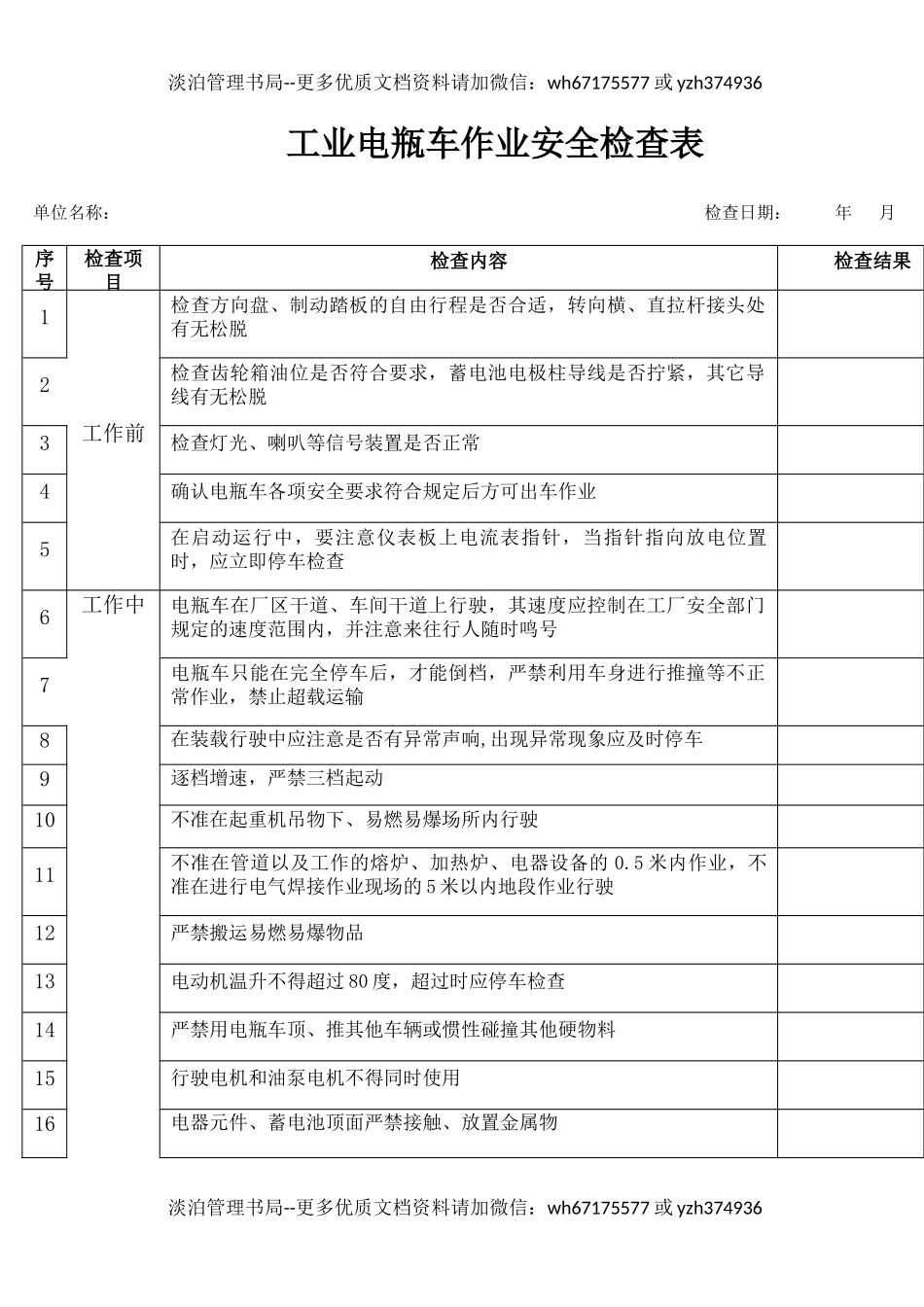 18工业电瓶车作业安全检查表.docx_第1页