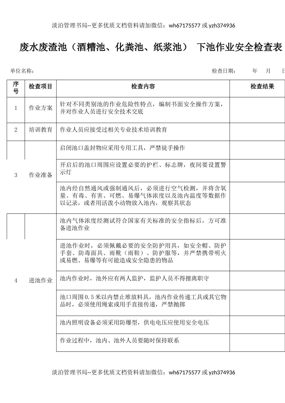 28废渣池（酒糟池、化粪池、纸浆池）下池作业安全检查表.docx_第1页