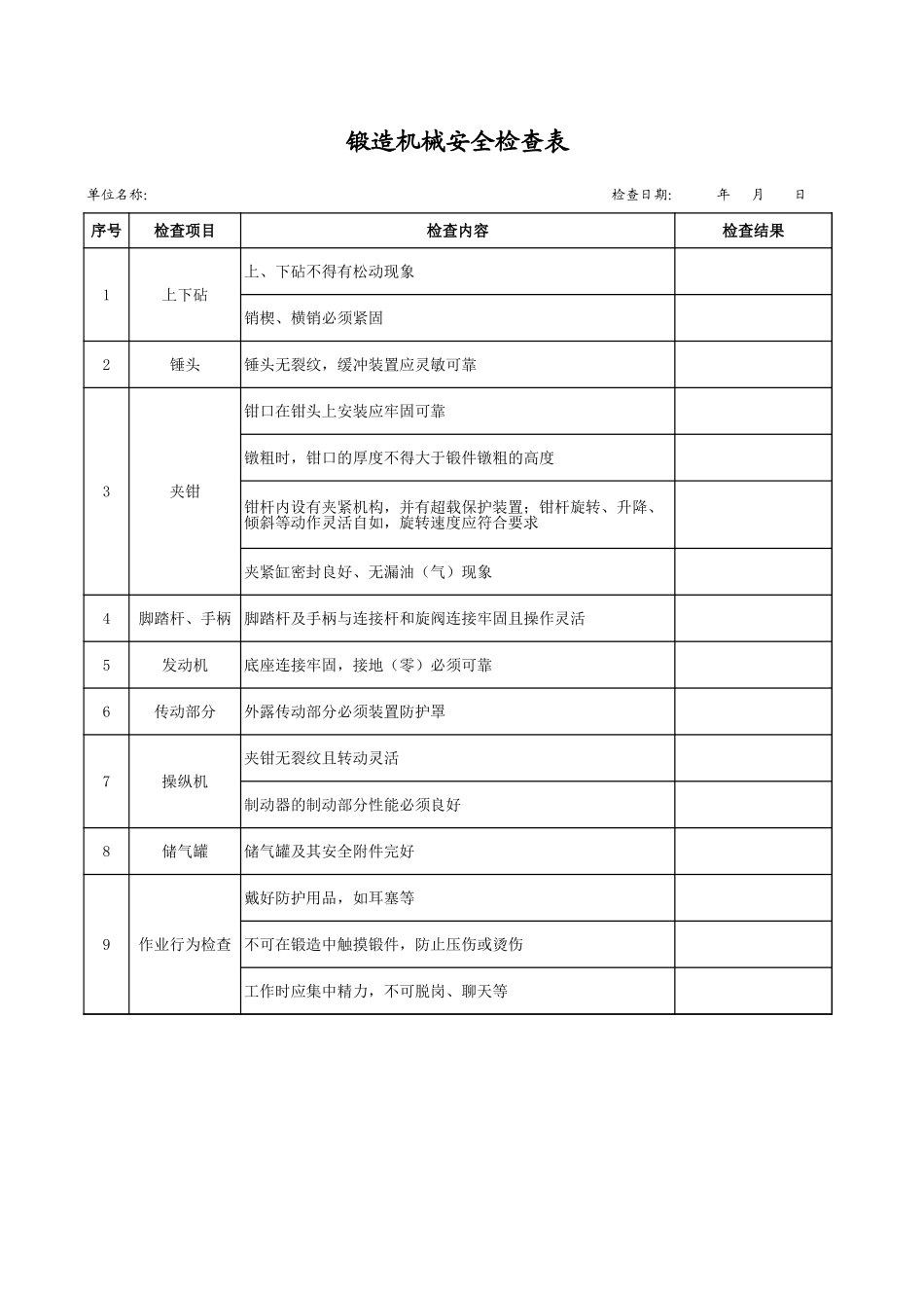 34锻造机械安全检查表.xls_第1页