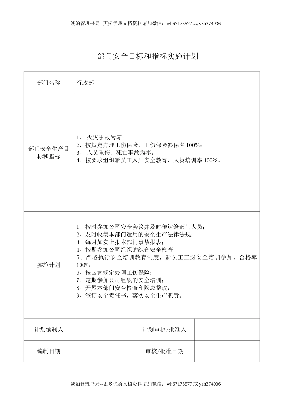 75.部门安全目标和指标实施计划.doc_第1页