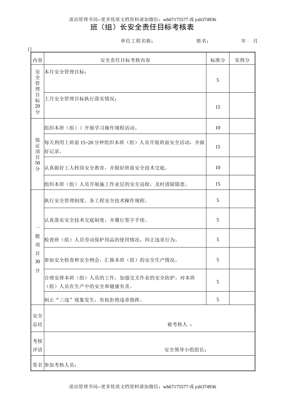 班（组）长安全责任目标考核表.doc_第1页