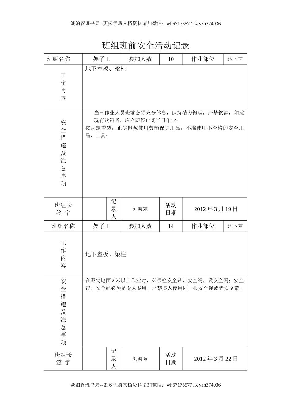 架子班组班前安全活动记录.doc_第1页