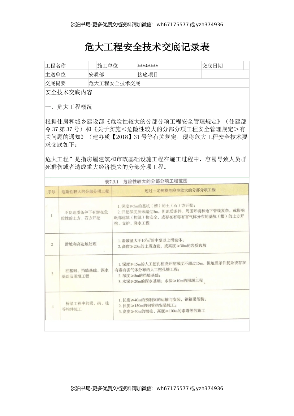 危大工程安全技术交底记录表.docx_第1页