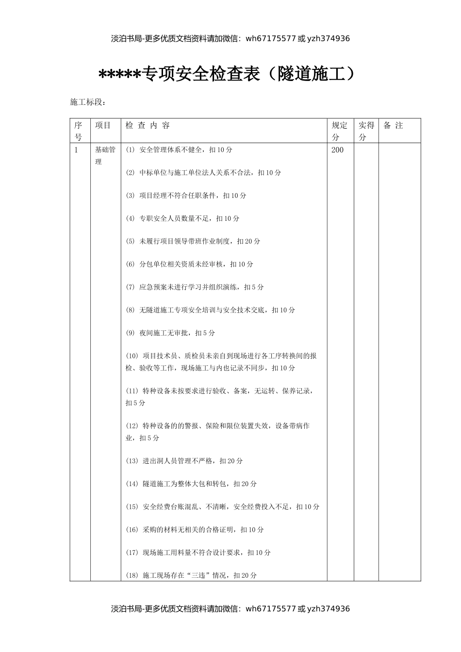 专项安全检查表（隧道施工）.docx_第1页