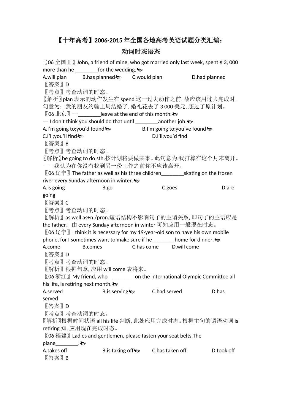 【十年高考-7】2006-2015年全国各地高考英语试题分类汇编：动词时态语态.doc_第1页